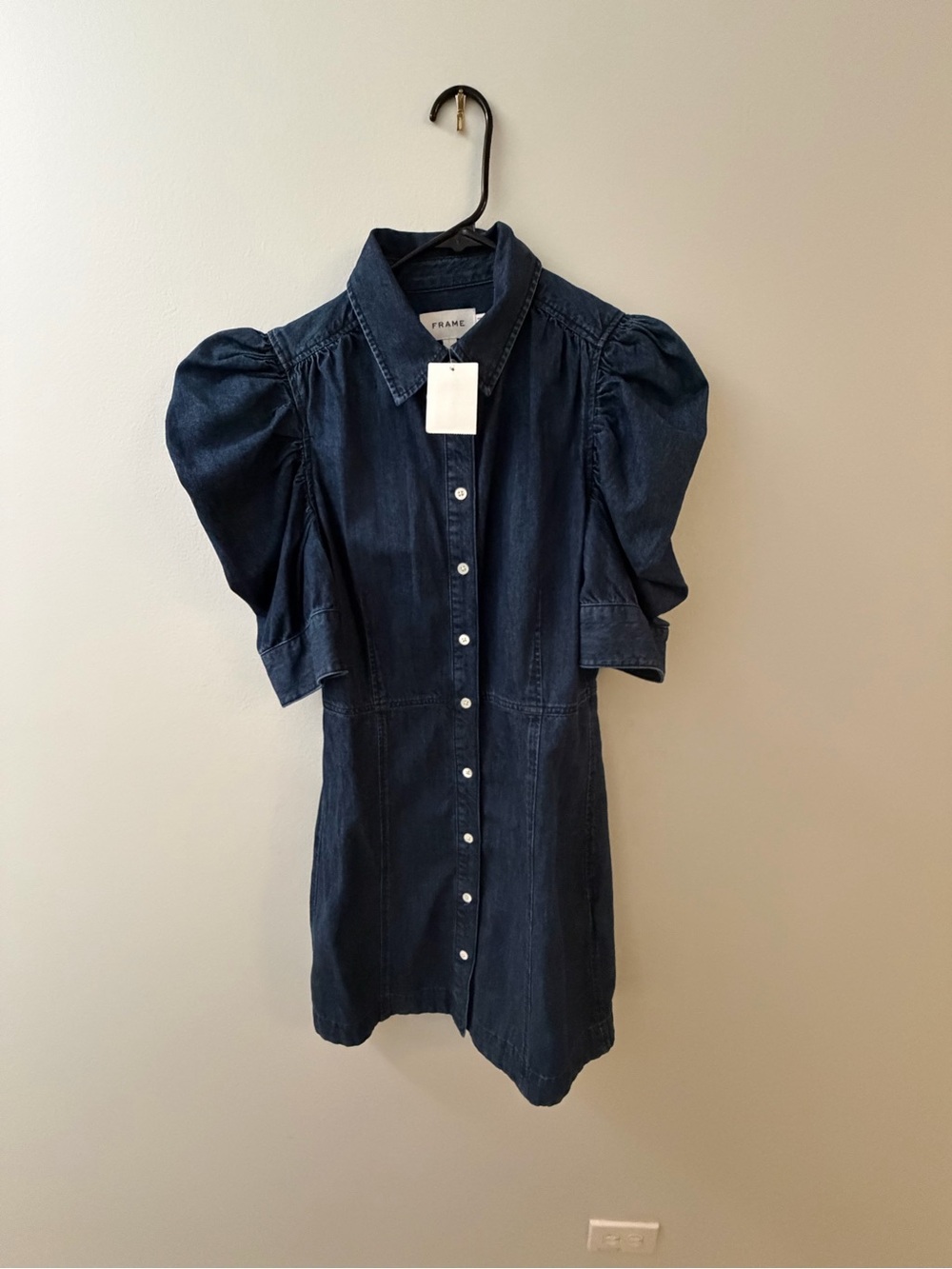 Frame Denim Navy Puff-Sleeve Button-Down Denim Dress